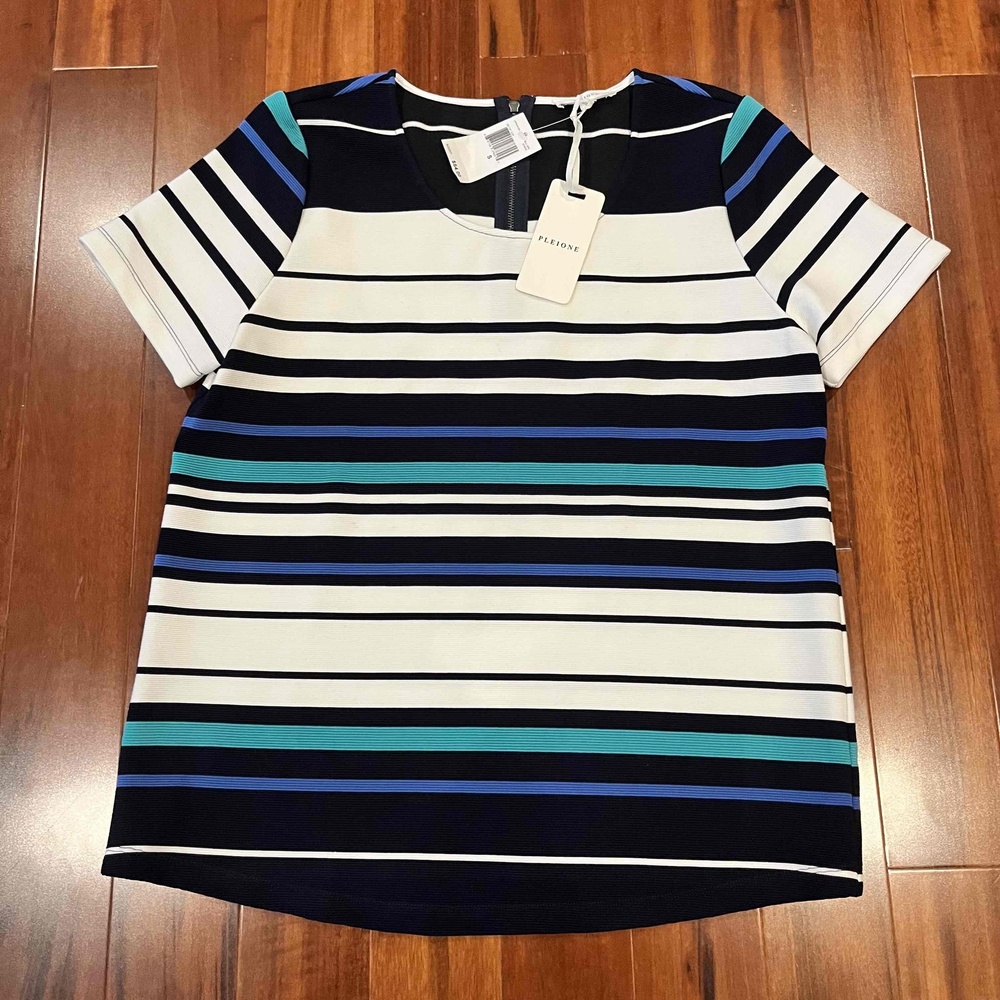 New Pleione Nordstrom Blue White Blouse Top Crewneck Zip Back Stripe Thick Sz S